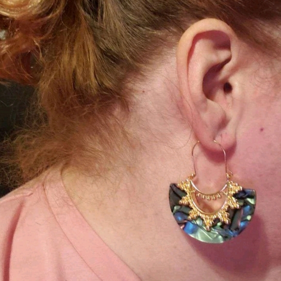 Boho Gold & Abalone abstract shell Fan hoop drop beach earrings 2/$30 - Picture 5 of 11
